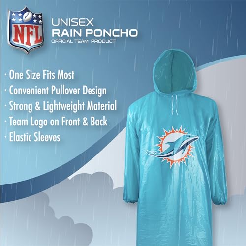 Image of NFL Waterproof Rain Poncho for Adults, Sporty, Elastic Sleeves and Drawstring Hood, Unisex Rain Coat