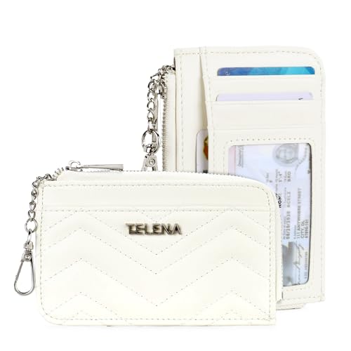 Image of Telena Slim Wallet Women RFID Blocking Credit Card Holder Leather Coin Purse with Silver Keychain Beige