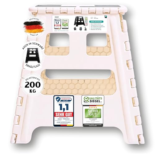 Alason® Marchepied de 39 cm de haut – Vainqueur de comparaison – Charge maximale : 200 kg avec crochet de suspension et sac de rangement – Tabouret pliant/pliable peu encombrant Blanc/beige – Pour la