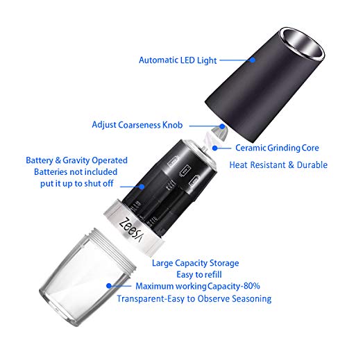 Electric Salt and Pepper Grinder Set Battery Powered Automatic Operated Pepper Grinder Gravity Salt and Pepper Mill Refillable with Light
