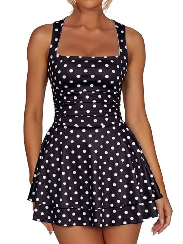 Image of Kaximil Women's Square Neck Ruffle Hem Mini Dress Ruched Waist Short Party Dresses
