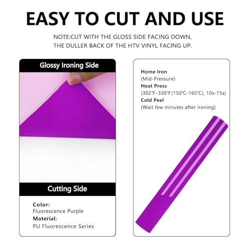 Image of FUNKAKA Fluorescent Purple HTV Heat Transfer Vinyl Rolls, 12 inch x 10ft Neon Purple Iron on Vinyl for All Cutter Machines PU Stretchy HTV Vinyl for T-Shirt Easy to Cut & Weed for Heat Transfer Design