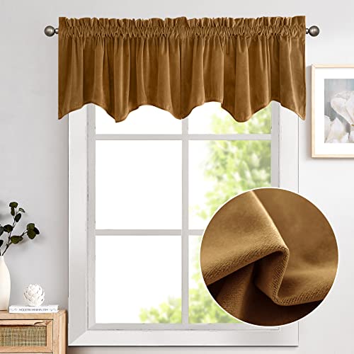 Lazzzy Gold Velvet Valance Blackout Thermal Insulated Scalloped Valance Small Short Wave-Shaped Window Curtain For Bedroom Living Room 18 Inch Curtain Valance Rod Pocket 1 Panel Gold Brown #TOP13