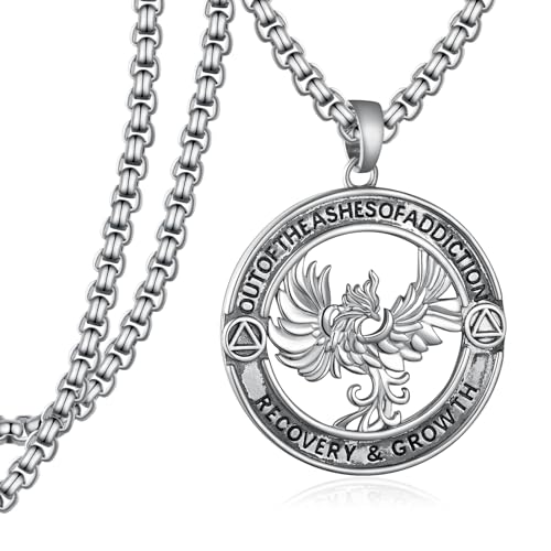 Phoenix Sobriety Necklace for Men - 925 Sterling Silver Recovery Pendant with Engraving, Out of The Ashes AA Gift