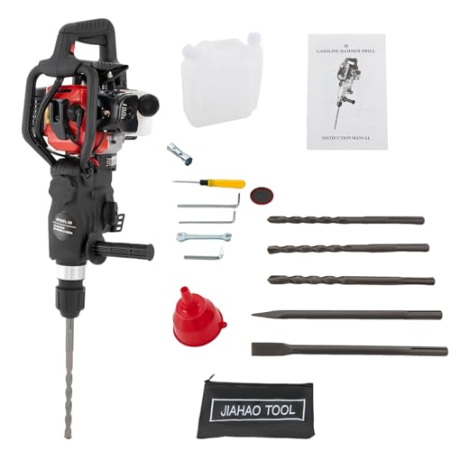 Demolition Jack Hammer, 2-stroke 33CC 1000W Gasoline Concrete Breaker Drill w/2 Chisels&Single Cylinder, 30J Impact Air Cooling Gas Power Concrete Breaker, Concrete Stone Breaker Punch Drill