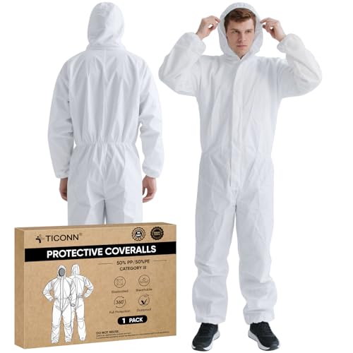 TICONN Hazmat Suit Disposable Coveralls, 5 Size Options, Full Body Protective Lab Coveralls with Hood, Breathable Paint Suit PPE for Men Women, Industrial Use (L, 1PK)