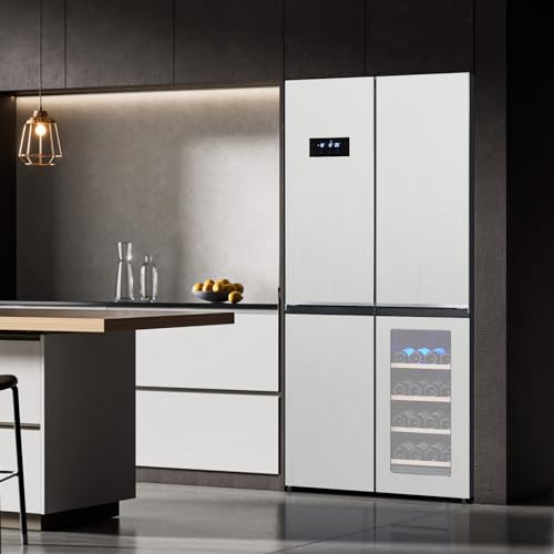 GarveeLife 36 In French Door Refrigerator, 21 Cu.Ft. Counter Depth Refrigerator Bottom Freezer with Wine Cabinet, Stainless Steel 4 Doors Fridges Kitchen Freezer, Adjustable Shelves