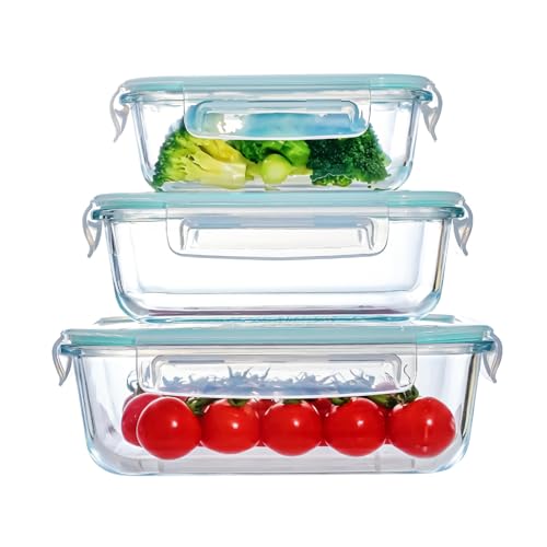 Pmssypl Glass Food Storage Containers with Airtight Lids, 3-Piece Set, Stackable Meal Prep Containers