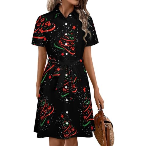 Vestido camisero de Navidad con huellas de botones frontales y manga corta midi