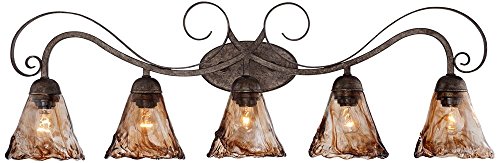 Image of Franklin Iron Works Amber Scroll Rustic Vintage Wall Mount Light Golden Bronze Silver Metal 37 1 /4 inch Wide 5-Light Vanity Fixture Organic Art Glass Shades Decor for Bathroom Over Mirror House Home