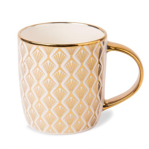 FABFINDS Gold and Cream Ceramic Mug 350ml Elegant Gold Accent Coffee Cup, Assorted Modern Designs, Glossy Finish, Stylish Mug for Tea or Hot Drinks (Pine Sketch)
