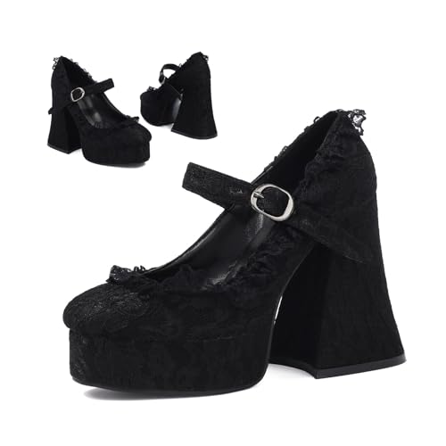 Women's Lace Platform Heels – Gothic Vintage Chunky High Heel Shoes with Adjustable Strap for Party,Cosplay,Halloween