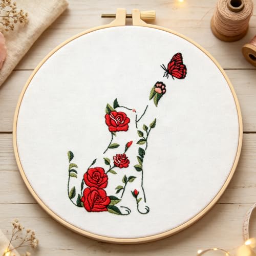 Image of Flowers Cat Embroidery Kits for Beginners Adults, Cute Hand Embroidery Starters Kits, Floral Stamped Cross Stitch Kits Needlepoint Kits for Beginners Adults, Embroidery Hoop, Thread and Video Tutorial
