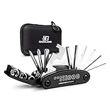 DARKANO Fahrrad Multitool - Fahrrad Werkzeug mit Karabiner Haken - [16] Teile - inklusive Hard Case & 2 extra Ventile zum Aufpumpen der Reifen - Multitool Fahrrad