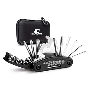 DARKANO Fahrrad Multitool – Fahrrad Werkzeug mit Karabiner Haken – [16] Teile – inklusive Hard Case & 2 extra Ventile zum Aufpumpen der Reifen – Multitool Fahrrad
