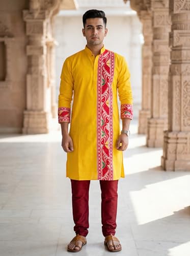 Image of Men's Jamdani Printed Kurta Pajama Set | Pure Cotton Ethnic Kurta with Mandarin Collar & Dupion Silk Pyjama | Festive & Weddings 303A12A 303SB12B(M XXL)
