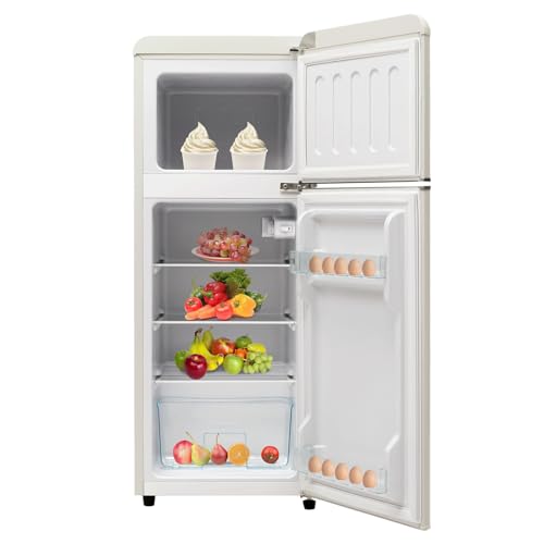 Frigorífico retro A++ Clase energética 92 litros (compartimento congelador 28L) Ahorro de energía (116 kWh/año) 2 puertas, luz LED, silencioso 105 x 41 x 45 cm,White