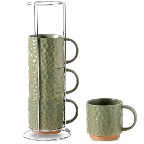 Nihow Ceramic Coffee Mug Set of 4, 16OZ Stackable Coffee Mug Set with Stainless Stand,Large Cup Set for Cappuccino,Tea,Hot/Cold Drinks,Dishwasher & Microwave Safe,Matte Green
