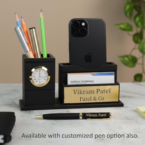 Image of Deskart Customized Pen Holder with Clock & Business Visiting Card Holder | Premium Stylish Office Stationary Organizer for Desk