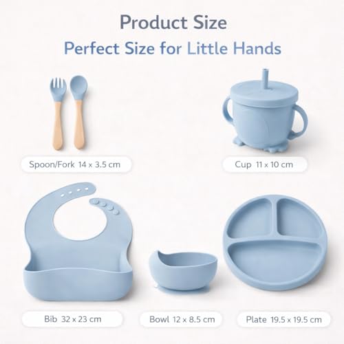Image of 6PCS Silicone Baby Feeding Set - Suction Plate, Bowl, Bib, Spoon, Fork, Cup - BPA-Free, Non-Toxic, Microwave & Dishwasher Safe for Toddlers 6+ Months - Light Blue
