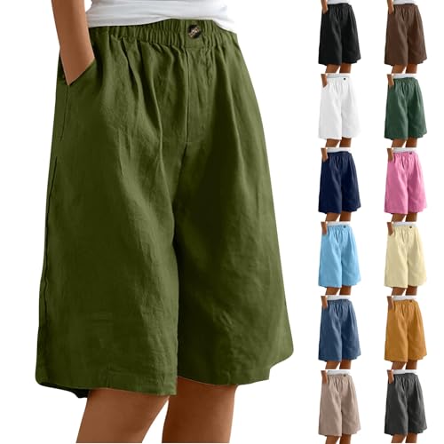 Bermuda Shorts for Women Knee Length High Waisted Comfy Cotton Linen Shorts Casual Long Beach Short with Pockets Casual Baggy Linen Pedal Pushers Trendy Summer Pants for Women 2025 Army Green