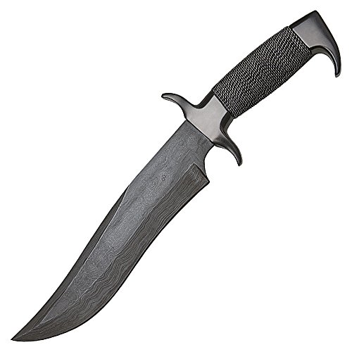 GIL HIBBEN Highlander Bowie Damascus with Leather Belt Sheath - Damascus Steel Blade, Multiple Layers, Steel Wire Wrapped Handle, Solid Handguard and Pommel, For Display and Use - Length 13 1/2"