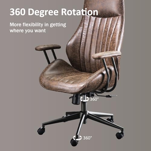 Image of High Back Home Office Chair, Mid Century Vintage Executive Chair,Comfy Ergonomic Rolling Office Task Chair with Lumbar Support,Brown Faux Leather Office Chair,Dark Brown