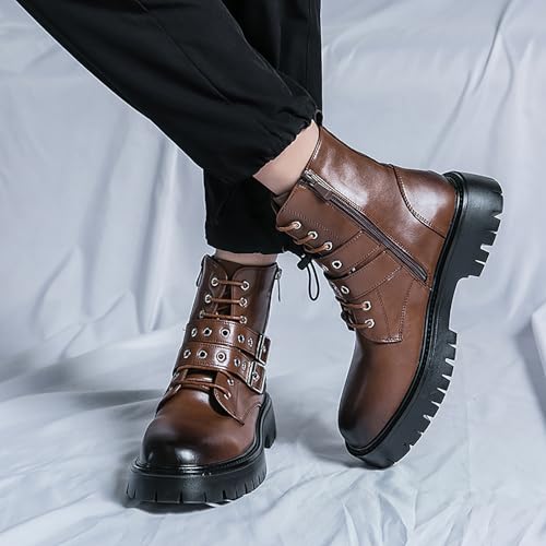 Image of Men's Black Leather Platform Ankle Boots Lace up Side Zip Adjustable Buckle Lug sole Non-Slip Combat Booties Fashion Punk Motorcycle Boots