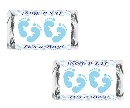 RokAPary 60 Blue Footprints Baby Shower Miniatures Candy Bar Wrapper, Its a Boy Baby Shower Miniatures Candy Bar Stickers Decorations, Candy Not Included