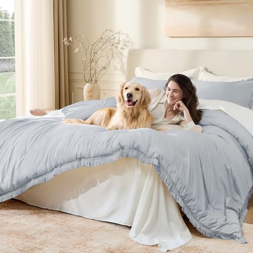 Image of Andency Light Grey Comforter Set Queen, 3 Pieces Boho Tassel Lightweight Bedding Comforter Sets, All Season Soft Fluffy Fringe Bed Set (90x90In Comforter & 2 Pillowcases)