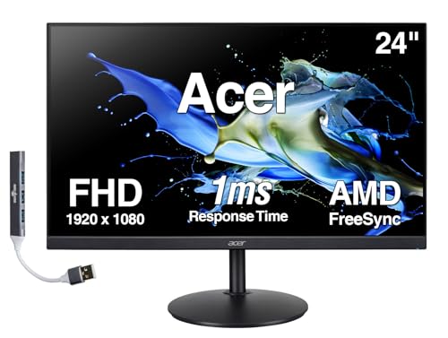 Image of Acer 24 inch FHD IPS Monitor with 1ms Response Time, AMD FreeSync, Anti-Glare, Built-in Speakers, 250 nits Brightness, VESA Mount (100mm), HDMI, VGA & Dockztorm USB Port Expander, Black Color