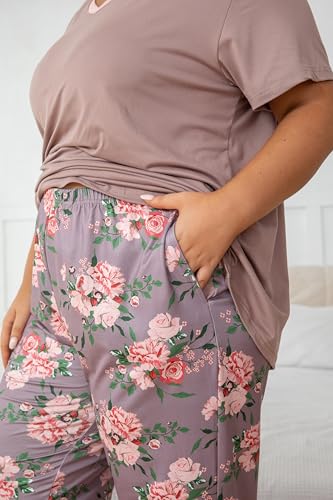 Image of Vozanet Women's Pajama Sets Short Sleeve with Long Pant Soft Sleepwear Printed pj Loungewear With TWO Pockets Size 1X to 5X