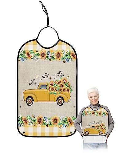 Sunflower Truck Adult Bibs for Eating, Waterproof Bibs with Food Catcher & Adjustable Snap Closure, Yellow Plaid Spring Floral Rustic Burlap Clothing Protectors Adult Bibs for Elderly Women/Men