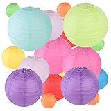 KINDPMA 20 Stück Bunt Papier Laterne Papier Lampenschirm Zum Aufhängen Runde Papier Lampions Bunte Papierlaterne Hängende Dekoration für Hochtzeit Party Garten Dekoration 10, 15, 20, 25, 30 cm