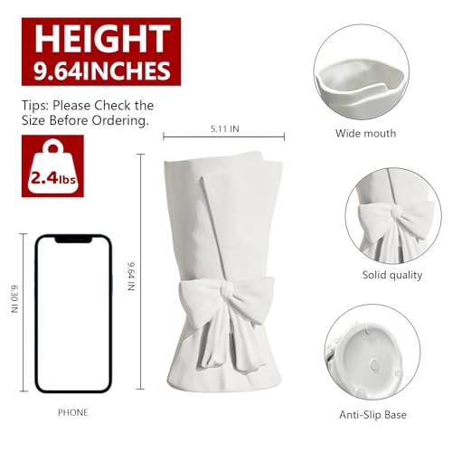 Relexome White Ceramic Bow Vase Unique Cute Decorative Bouquet Flower Vases 9.64 in Valentine's Day Decor Vase