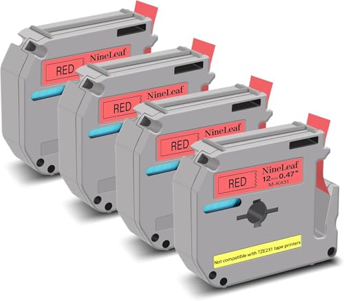 Ruban M-K431 12mm noir sur rouge NineLeaf pour étiqueteuse Brother P-Touch PT-70 lot de 4