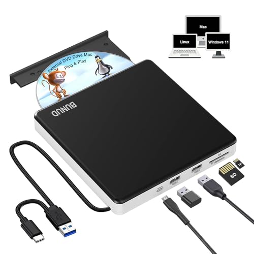 Image of BUNUD External CD DVD Drive: CD Burner Reader Writer SuperDrive with USB 3.0 & Type C Port and TF /SD Slots - Plug & Play DVD Player for Laptop PC Mac Windows 11 Linux
