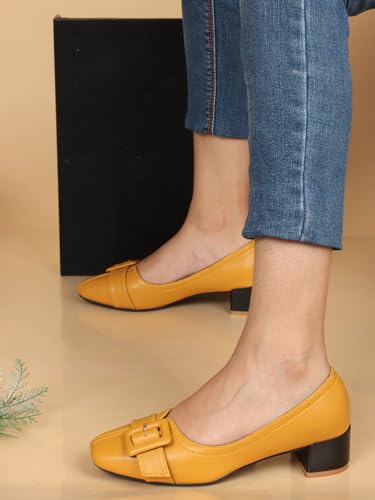 Image of ELLE Women's Square Toe Block Heels Slip-On Pumps with Buckle Detail
