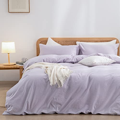 Image of BESTOUCH Cotton Solid Duvet Cover Set Linen Feel Taro Purple Twin | 100% Washed Cotton, Soft Wrinkle Texture, Hidden Zipper, 8 Ties, Breathable Lightweight Durable Comfy, 2 Pcs No Insert