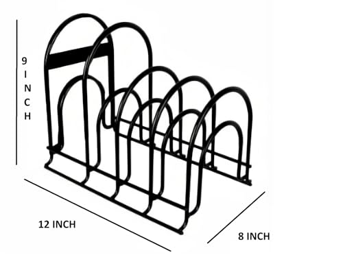 Image of Metal Pan and Pot Stand, Multipurpose Dish Drying and Storage Stand for Plates, Lids & Chopping Boards, Rust-Resistant Black Finish
