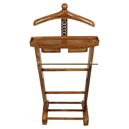 Image of BEVERLY STUDIO Natural Light brown Teak Wooden Sturdy Coat Stand /Cloth Hanger with Two Drawers(Length 47CM x Width 30CM x Height 104CM)