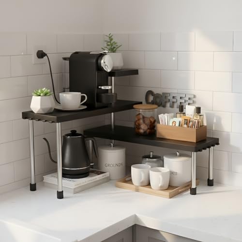 Image of ABJA Stylish Heavy Duty Kitchen Organizer Rack Stand, Corner Shelf for Kitchen, Bathroom & Office, Counter top organizer, 3 Tier Spice rack organiser (ABS Plastic with Stainless Steel Legs, Black)