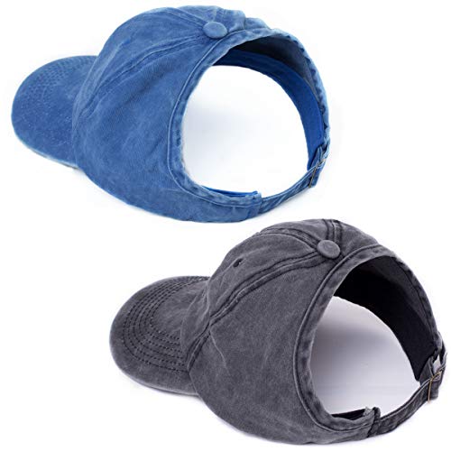 BEIRA 2 Pack Backless Ponytail Hat for Women Curl Cap Natural Curly Hair Hat Baseball Cap Afro Drawstring Puff Ponytail Hat (Black+Blue)