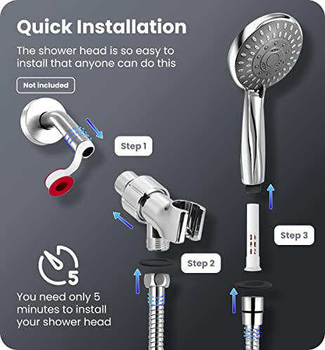 Filtered Shower Head With High Pressure, 5-Mode Handheld Shower Head With Filter, 3-Stage Mineral Hard Water Filter, Shower Stainless Steel Hose, Adjective Bracket, Teflon Tapes & Rubber Washers, 69In #TOP6
