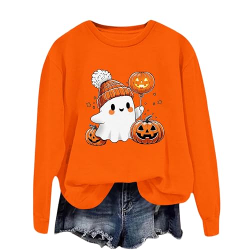 Generisch Sudadera de Halloween para mujer, sudadera con estampado de calabazas, fantasmas, chaqueta de manga larga, sin capucha, cuello redondo, suéter para carnaval, festival, terror, festival