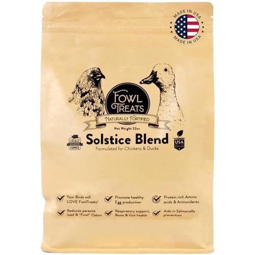 Fowl Treats Naturally Fortified Treats – Protein Rich Supplement Suitable for Chickens, Hens and Ducks, Hand Mixed with USA Grown Ingredients – Solstice Blend – 32oz