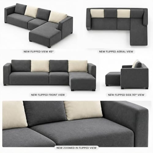 Image of FURNY Olympus 8 Seater RHS L Shape Sofa Set | Plush Velvet Suede Fabric | Modern Design | Soft Comfort Dual Color Cushions for Living Room, Office & Hotels (Dark Grey-Cream)