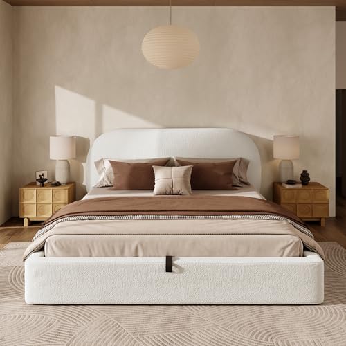 Cama de matrimonio con canapé, cama acolchada con somier de láminas, cama de matrimonio de 180 x 200 cm, cama hidráulica con cabecero, estructura robusta, para apartamentos, dormitorios, beige