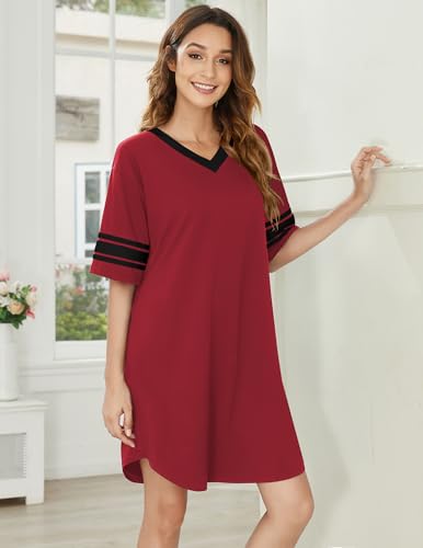 Image of Ekouaer Nightgowns for Women 2 Pack Sleepshirts Short Sleeve Nightshirt V Neck Sleepwear Casual Pajama Dress