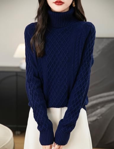 Women's 100% Merino Wool Turtleneck Sweater 2025 Fall Winter Vintage Cable Warm Soft Long Sleeve Knit Sweater4